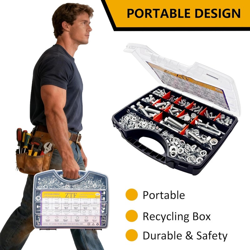ZTF 432pcs Nuts and Bolts Assortment Kit,M6 M8 M10 Heavy Duty Bolts and Nuts Kit, M6x1.0 M8x1.25 M10x1.25 (12mm to 45mm) Hex Bolts and Nuts Kit, Fully Threaded Machine Screw Sets - Image 4